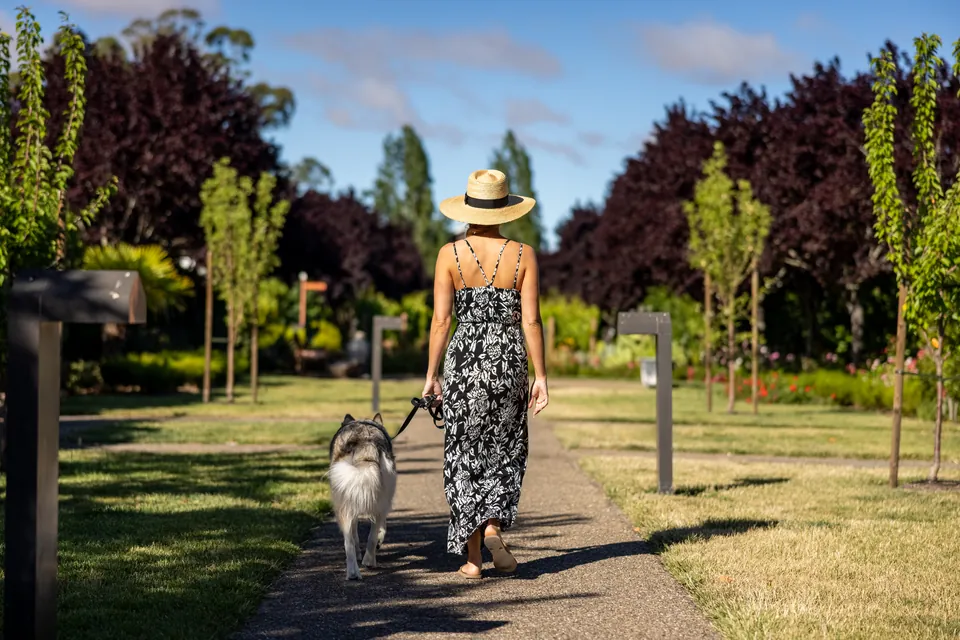 Mujer paseando a su perro por un sendero arbolado